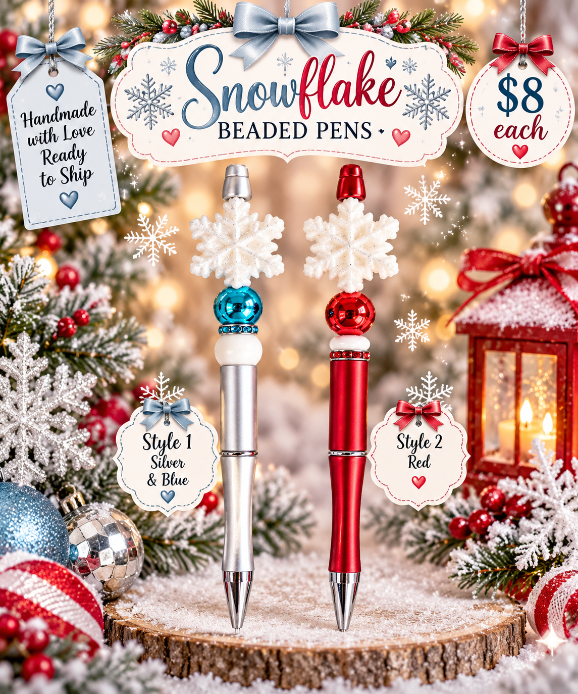 Snowflake Winter Beaded Pens – Ready to Ship
